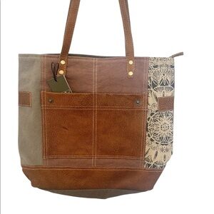 Floral Canvas and Embossed Leather Tote Bag
